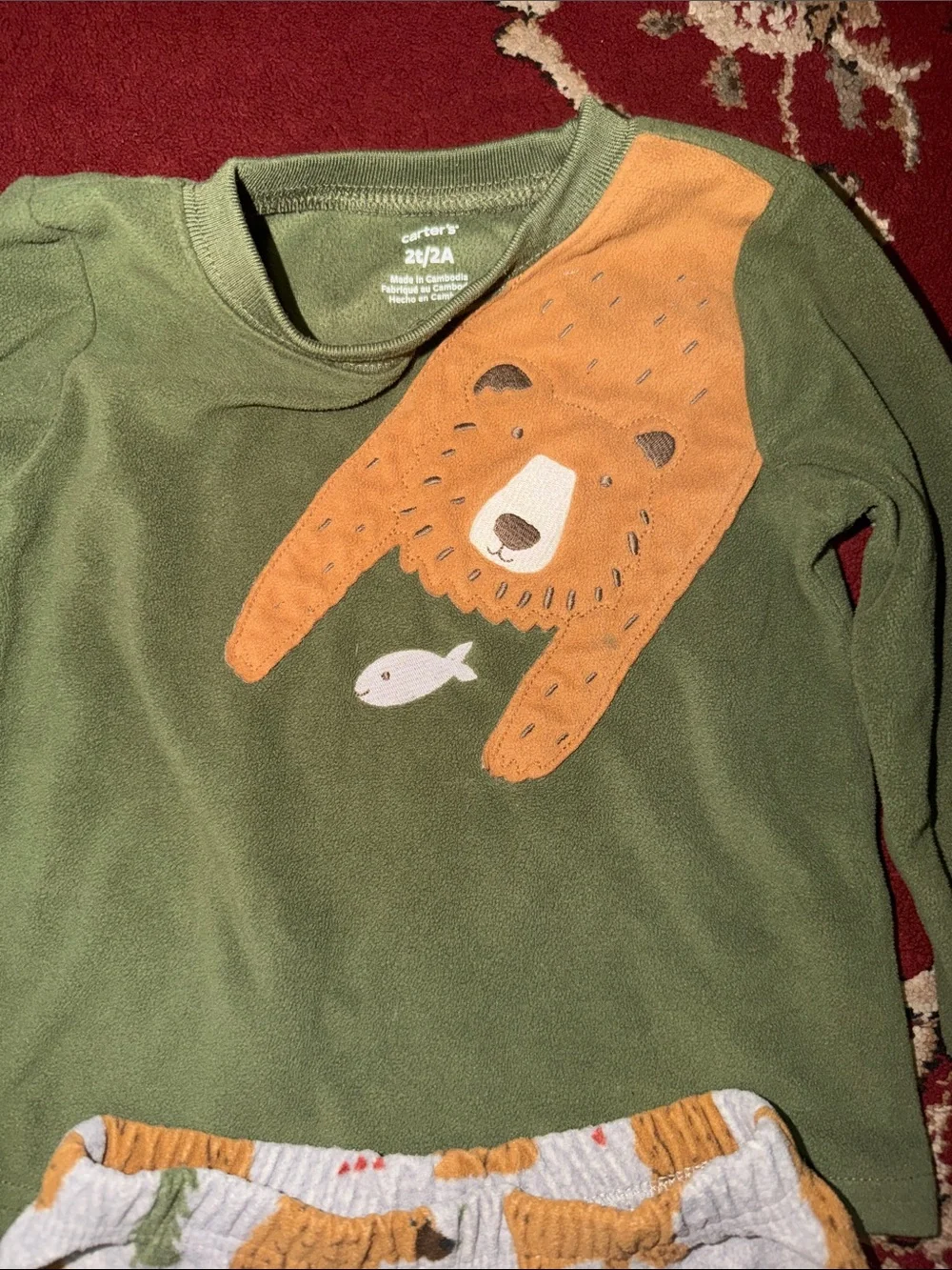 Olive Green Bear Graphic Kids Pajama Set